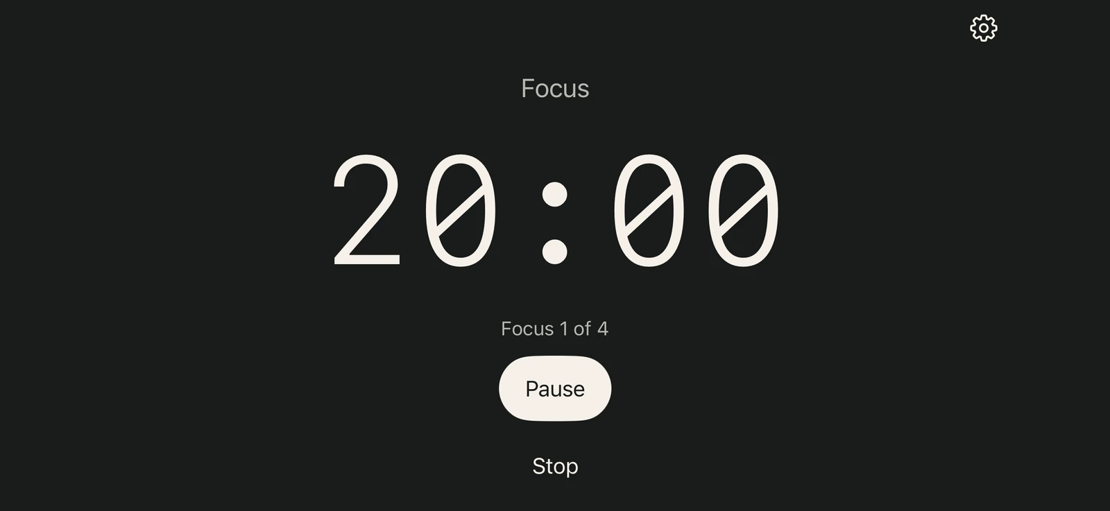 Back to Basics running a 20-minute focus, with Pause and Stop controls.